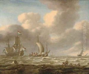 A Dutch man-o'-war and other shipping in choppy seas