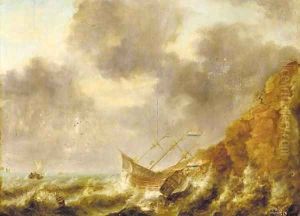 A shipwreck off a rocky coastline
