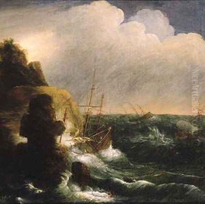A threemaster foundering off a rocky coast, in a gale A threemaster foundering off a rocky coast, in a gale