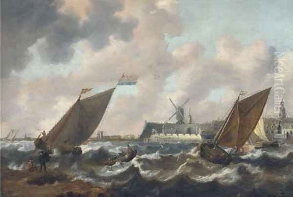 Shipping in choppy seas, a town beyond - view 1