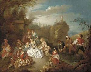 A fete champetre with boys fishing in a stream beyond by Jean-Baptiste Joseph Pater