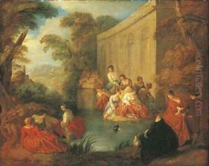 Ladies bathing at a pool before a rococo pavilion, in a wooded clearing