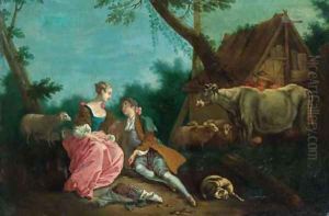 A shepherd courting a shepherdess by a farmhouse in a wooded landscape by Jean-Baptiste Joseph Pater