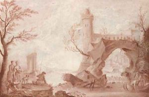 Anglers and fishermen by a weir, a natural arch and a tower beyond, en grisaille by Jean-Baptiste Pillement