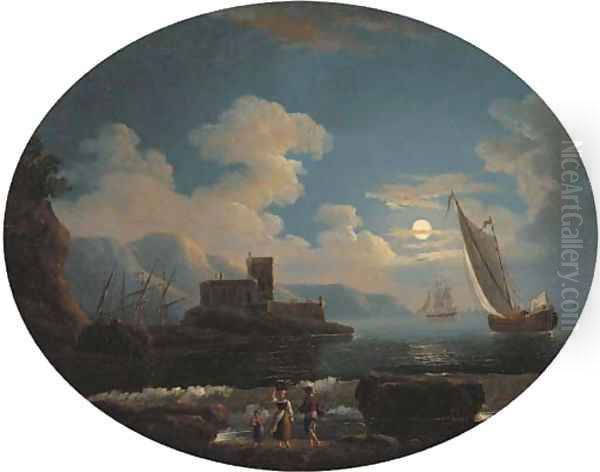 A Mediterranean coastal inlet with shipping by moonlight - view 1