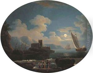 A Mediterranean coastal inlet with shipping by moonlight by Jean-Baptiste Pillement