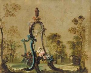 A decorative fountain in a garden by Jean-Baptiste Pillement