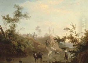 A river landscape with a drover, his cattle and a shepherd and his flock by Jean-Baptiste Pillement