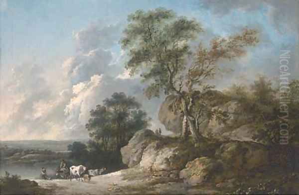 A rocky wooded river landscape with drovers and their cattle in the foreground - view 1