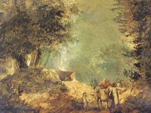 A wooded landscape with travellers on a track A wooded landscape with travellers on a track