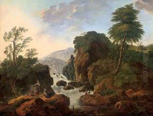 A wooded mountainous river landscape with anglers by a waterfall