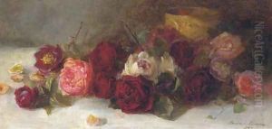 Still life of roses by a gold bowl by Louise Ellen Perman