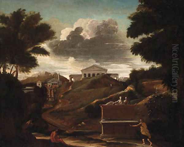 A classical Landscape with Figures by a Tomb, a Temple beyond - view 1