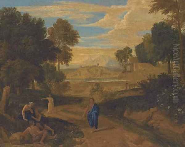 An Italianate wooded landscape with classical figures on a path, a river beyond - view 1