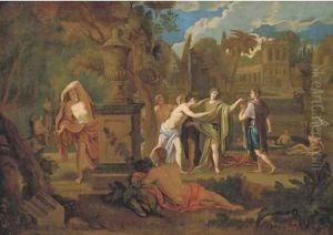 Figures bathing in a classical landscape by Nicolas Poussin