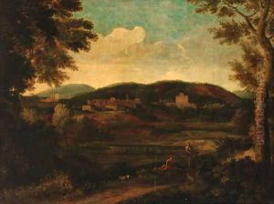 Figures in a classical landscape by Nicolas Poussin