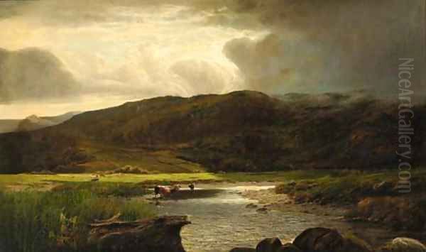 Cattle watering in a sunlit mountainous landscape - view 1