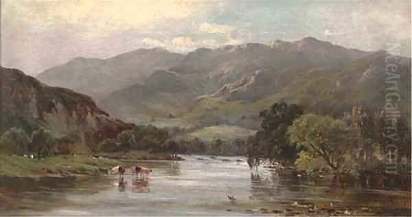 Cattle watering in a mountainous landscape - view 1