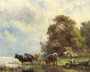 Cattle watering at a riverbank, a drover looking on; and Another similar by Albert Jurardus Van Prooyen