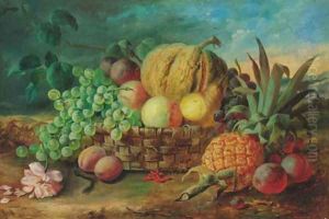 Grapes, plums, peaches and a wicker basket by James Poulton