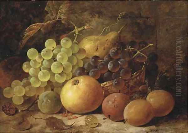Grapes, plums, with an apple, pear and raspberry on a bank - view 1