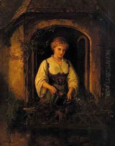 A young maiden watering her flower boxes by Wilhelm Pistor