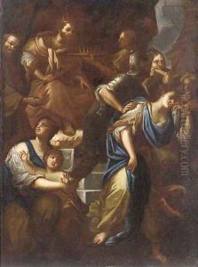 A crown being passed to a King by Domenico Piola