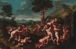 Putti desporting in a landscape
