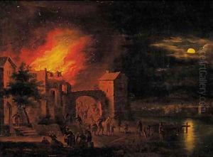 A town on fire at night A town on fire at night