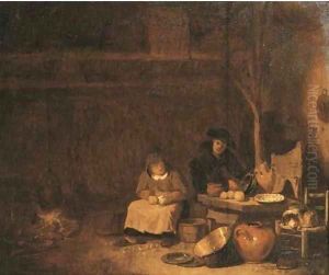 Peasants preparing a meal in a barn Peasants preparing a meal in a barn