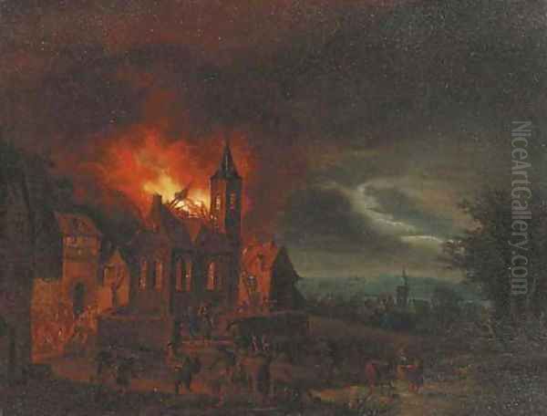 A nocturnal townscape with a church on fire - view 1