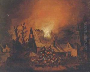 A village on fire at night by Egbert van der Poel