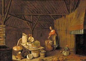 The interior of a barn with a woman washing clothes by Egbert van der Poel