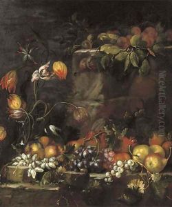 A glass vase with tulips, and apples, grapes, pears and other fruit on a stone ledge by Giovanni di Paolo