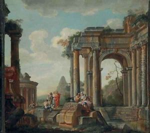 A capriccio of classical ruins, the Pyramid of Cestius and Temple of the Sibyl beyond