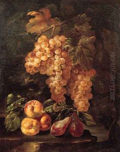 Bunches of grapes hanging from a vine with peaches and plums on a rock by Giovanni di Paolo