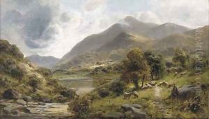 A shepherd with his flock in a lake landscape by James Peel