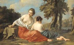 A girl tying up another girls hair by a riverbank A girl tying up another girls hair by a riverbank