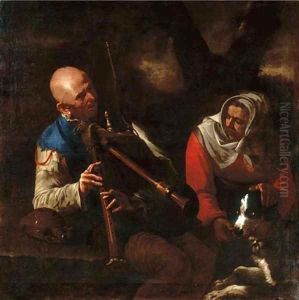 A peasant playing a bagpipe and an old woman listening with a dog
