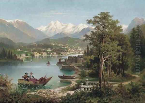 Figures boating in an Austrian lake landscape - view 1