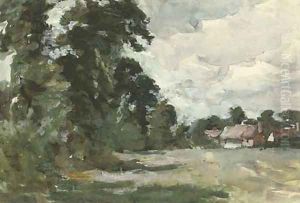 Tree lined meadow with thatched cottages by Arthur Douglas Peppercorn