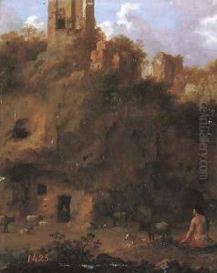 An Italianate landscape with a herdsman and cattle by ruins by Cornelis Van Poelenburch