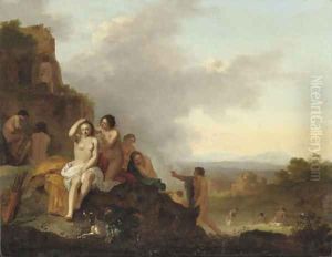 Nymphs resting and bathing in an Italianate landscape by Cornelis Van Poelenburch