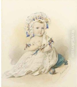 Portrait of a young girl, seated, playing with her toys by Franz Pitner
