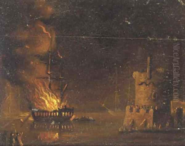 A ship on fire, by night - view 1