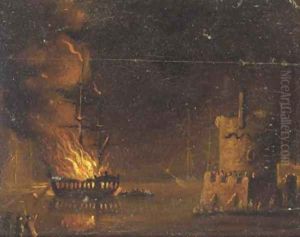A ship on fire, by night by Adriaen Lievensz van der Poel