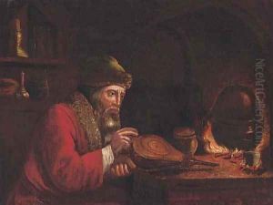 An alchemist by a stove in an interior by Christopher Paudiss