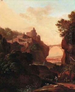An extensive landscape with a clifftop town over a gorge; and An extensive landscape with figures resting by classical ruins