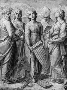 Saint Cecilia with Saints Paul, John the Evangelist, Mary Magdalen and a Bishop Saint by Giovanni Francesco Penni