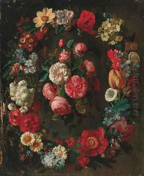 A swag of tulips, narcisi, convulvulus, corn flowers and other flowers surrounding a bunch of roses - view 1